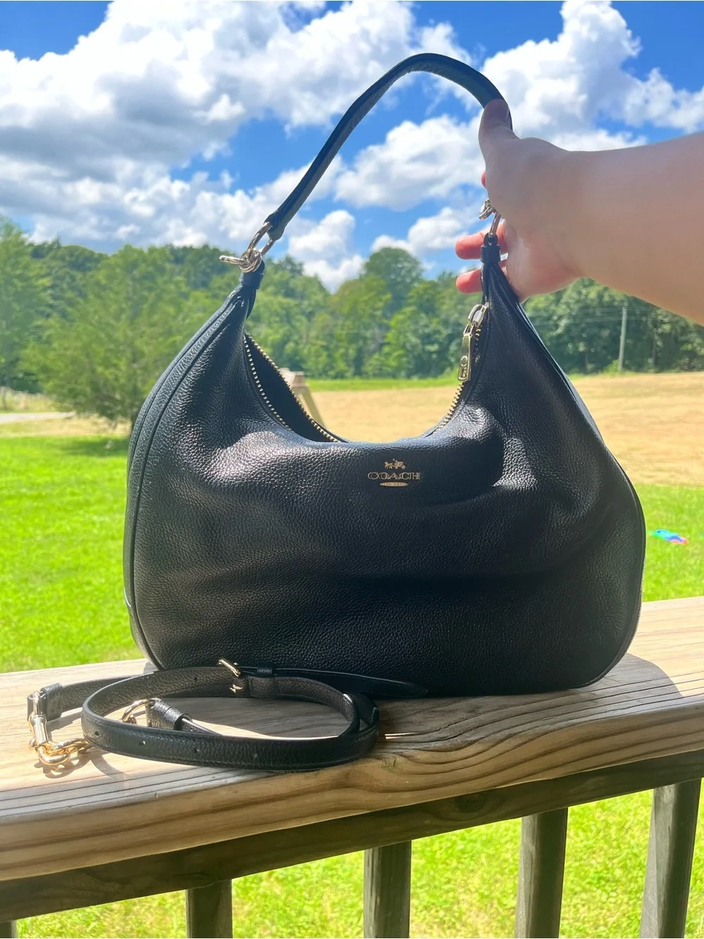 Coach Harley East West Hobo Bag Black Pebbled Leather Crossbody Shoulder Purse